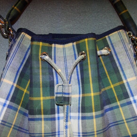 Vintage Tommy Hilfiger Plaid Drawstring Bucket Bag Purse Green Blue White - Picture 2 of 5